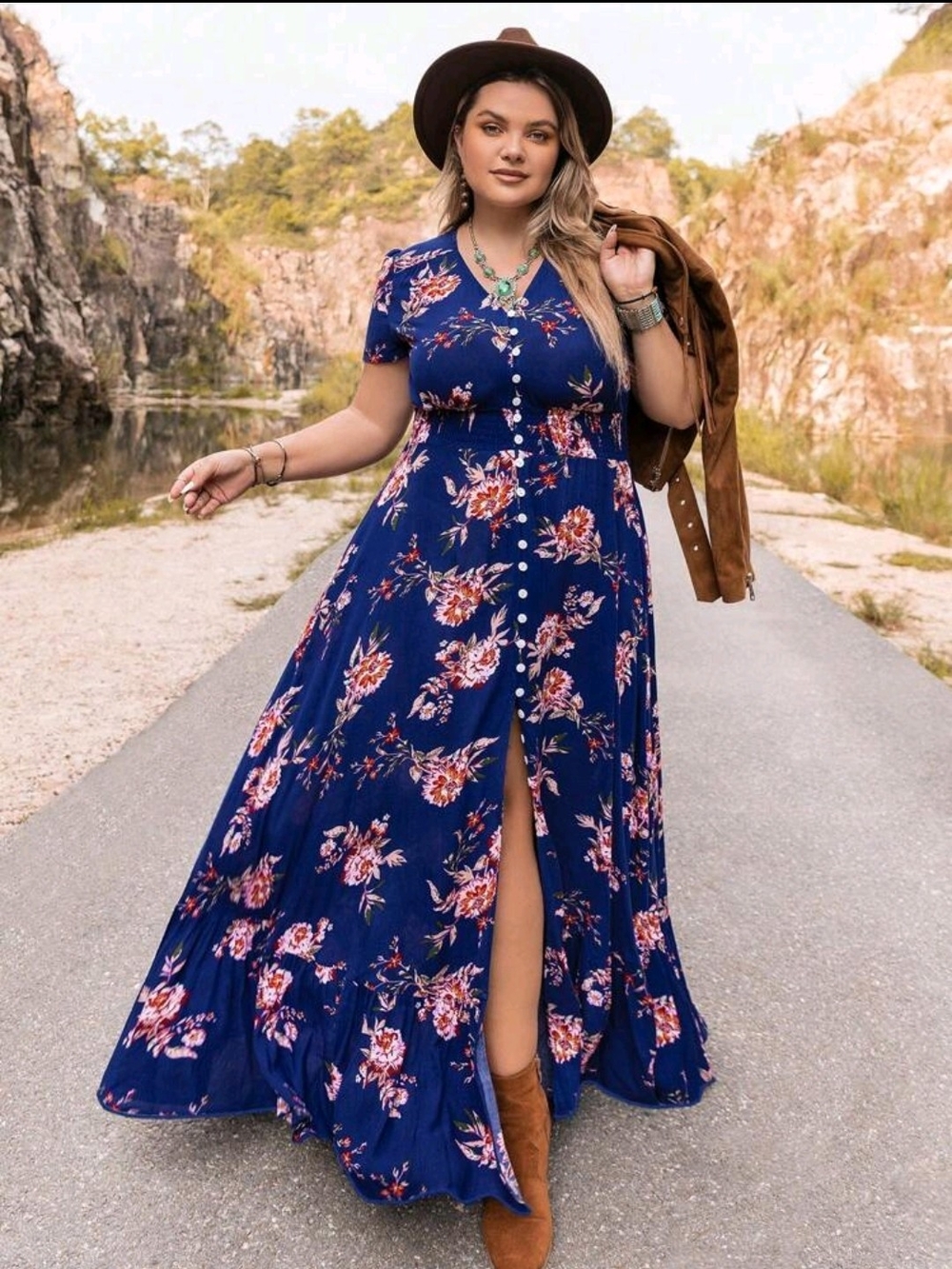 Floral Button-Front Maxi Dress in Navy
